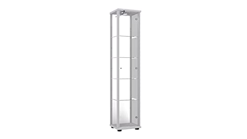 K-Möbel Vitrina de Cristal en Plata (176x37x33 cm) con 4 estantes de Cristal de Seguridad Templado de Altura Ajustable, LED, Cerradura y Espejo; Iluminado coleccionistas