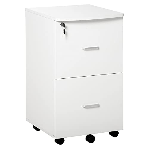 Vinsetto Cajonera de Oficina Mueble Auxiliar para Archivos con 2 Cajones Cerradura de 2 Llaves 5 Ruedas y 2 Frenos para Estudio Despacho Dormitorio 43x45x72 cm Blanco