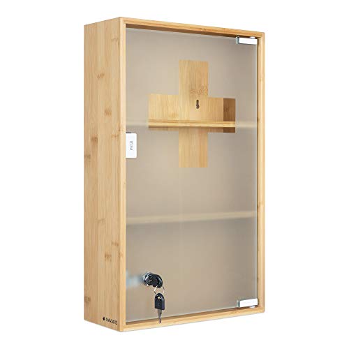 Navaris Botiquín de pared para medicinas - Armario de bambú para guardar medicinas - Caja con puerta y cerradura para baño cocina - 50 x 30 x 12 CM