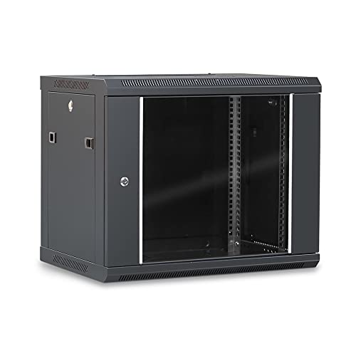 WAYTEX 37402 - Caja de Armario de Red de 19 Pulgadas, 9U – 600 x 450 x 502 mm – Pared o con Patas suministradas – Puerta de Cristal con Cerradura – Color Negro