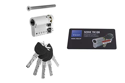 Tesa Assa Abloy, MK153010N, Cilindro de Alta Seguridad, TK100, Doble Embrague, Leva Corta, Llave - Llave, Niquelado, 30 x 10 mm