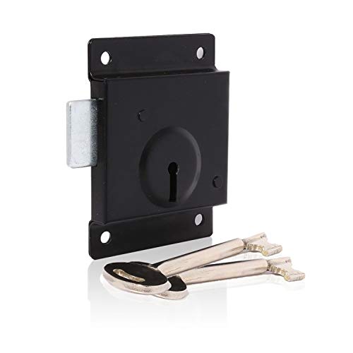 XFORT Cerradura de borde tradicional de llantas, Rim Press Lock, montada en superficie con pestillo incorporado y llave, ideal para puertas de madera o Puerta en dependencia, 4 x 3 pulgadas, Negro