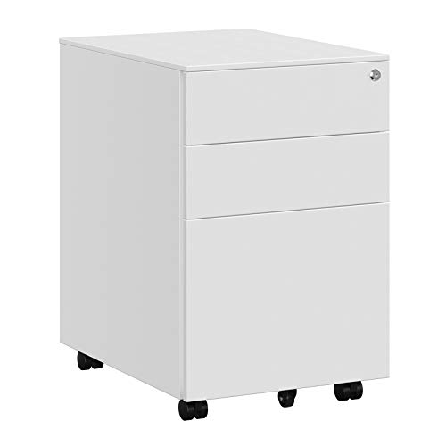 SONGMICS Mueble Archivador Metal con Cerradura Cómoda, Cajonera con Ruedas, 3 Cajones, para Oficina, 52 x 39 x 60 cm, Cuerpo del Armario Premontado, Blanco OFC60WT