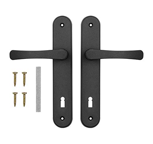 ADGO Tirador de Puerta Juego de Tiradores para Puerta para Cerradura 90 mm Bizcocho, Tirador de Aluminio, Escudo de Acero Recubierto en Polvo Galvanizado, Tornillos de Montaje, Negro