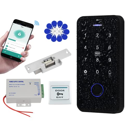 QTTYELOK Bluetooth Tuya Kit de Sistema de Control de Acceso Huellas Dactilares Impermeables IP68 Teclado RFID + Cerradura Eléctrica + 10PCS 13,56 MHz Llavero