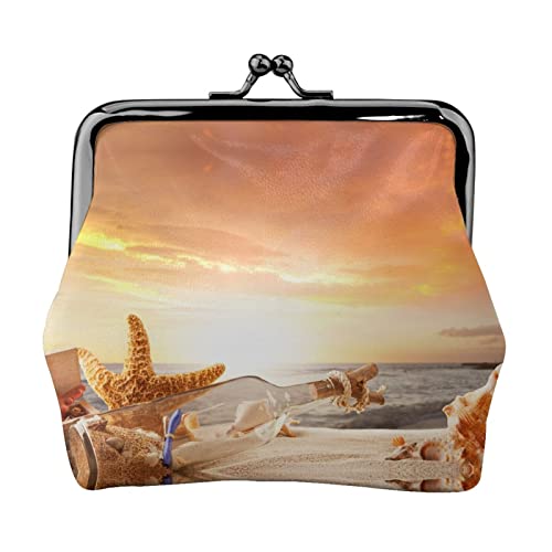 Playa con Conchas Marinas Estampado de Puesta de Sol Monedero pequeño Kiss-Lock Bolsa de Cuero Cambiar Billetera Regalos para Hombres Mujeres