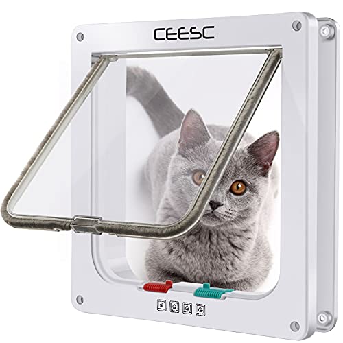 CEESC Puerta magnética para Mascotas con Puerta abatible y Cerradura de 4 vías para Gatos, Gatitos y Perro Perrito (L, Blanco)