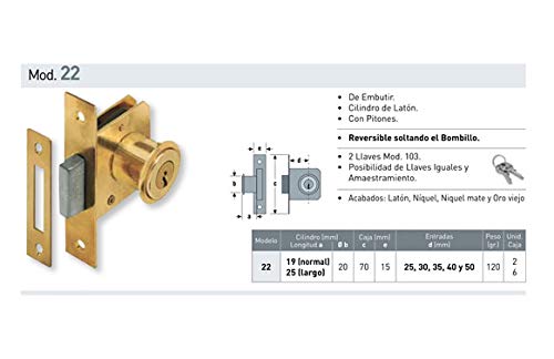 Urko - Cerradura bombillo largo numero 22 25mm latonada