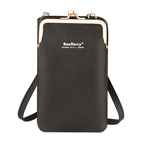 Bolso de Teléfono Móvil para Mujer Cartera Movil Cuero PU bolso para Movil y Cartera Pequeño Bolsa Bandolera con Ranuras para Tarjeta y Cremallera Billeteras de Mujer (Negro)