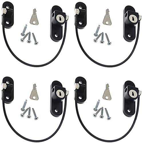 4 Pcs separadores para ventanas de seguridad para bebés, con llave para cable antirrobo, cerradura puerta corredera, restrictor, ventana de acero inoxidable para cable de seguridad militar (Negro)