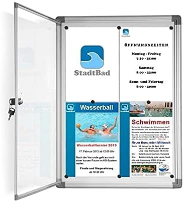 Vitrina prémium para interiores – Caja de información, Exposición, de cristal acrílico, pared posterior magnética y rotulable, puerta doble con cerradura de cilindro, marco de aluminio (para 6 x A4)