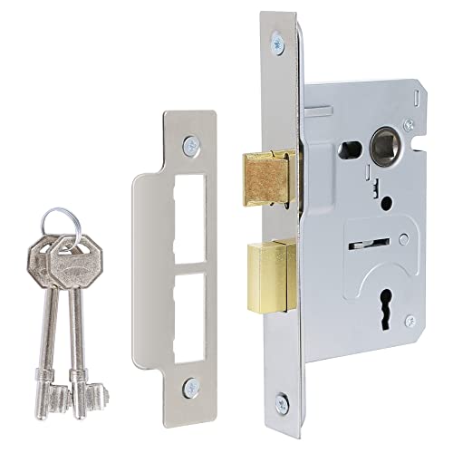 DIDA® Mortice Sashlock 3 palancas de cromo pulido cerraduras de embutir Sashlocks de 65 mm, cerradura de puerta con llave adecuada para puertas internas o externas, herrajes de cierre de puerta y