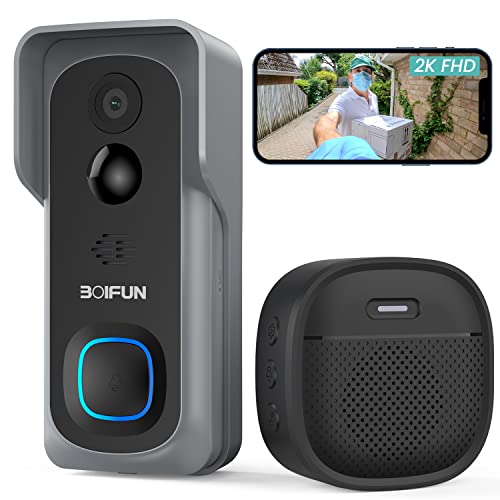 BOIFUN 2K HD Timbre Inalámbrico con Camara, Inalámbrico Videoportero Timbre, Alerta con un Clic, Alimentado por Batería, Detección Humana, Visión Nocturna, Audio de 2 Vías, Ip66, SD/en La Nube