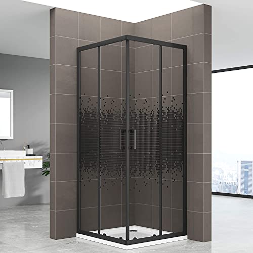 MOG Mampara de ducha DK68-100x100x190cm con puertas corredoras Ducha rinconera con sistema enrollable de cristal de seguridad templado de 6 mm negro a cuadros