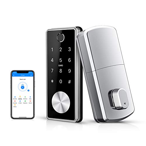 Ruveno Cerradura de puerta inteligente con huella dactilar, cerradura de puerta de entrada sin llave, cerrojo digital automático(plata)