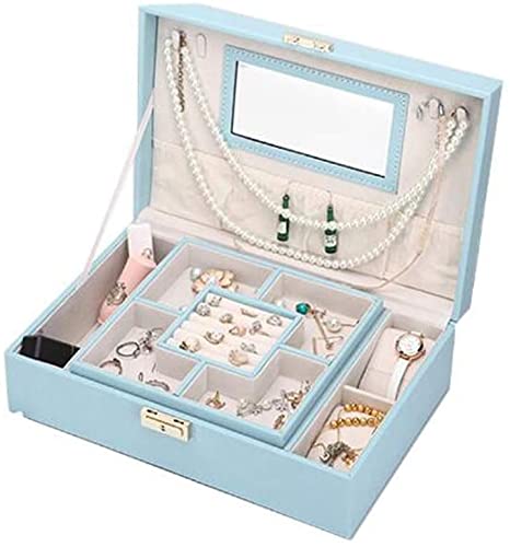 Joyeros Joyero Joyero de cuero con cerradura Caja organizadora Cerradura de llave en forma de corazón de doble capa con colgadores de collar Espejo Caja de joyería joyero organizador ( Color : B )