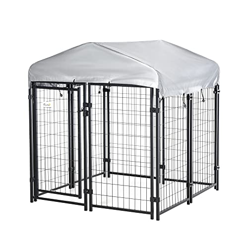 Pawhut Perrera de Exterior con Techo 120x120x138 cm Jaula para Perros Parque para Mascotas con Malla de Metal y Puerta con Cerradura para Jardín Patio Plata