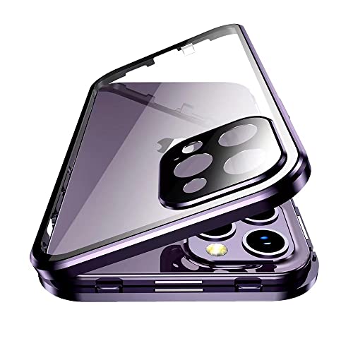 HENGHUI Funda magnética con cerradura para iPhone 14 Pro, funda de vidrio con protector de lente de cámara, protector de pantalla, cuerpo completo, funda transparente (morado oscuro)