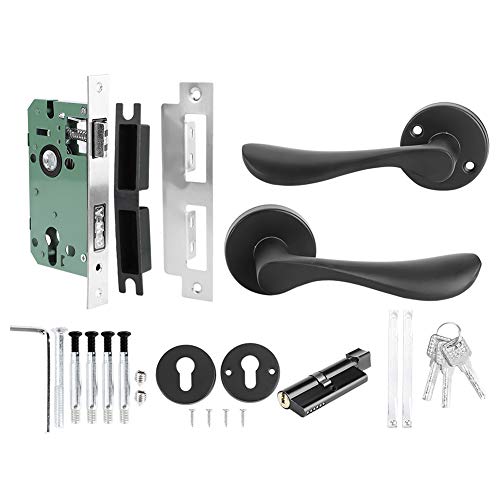 Space Juego de cerradura de puerta de aluminio con llave, manija de puerta con llave, palanca, elegante, redondo, accesorio de hardware de bloqueo para puerta interior (negro)