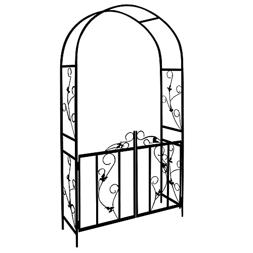 Garden Mile Arco de jardín de metal negro de 2,25 m con puerta clásico arco de jardín para plantas trepadoras y rosas, puertas con cerradura, arco al aire libre para decoración de soporte de árbol