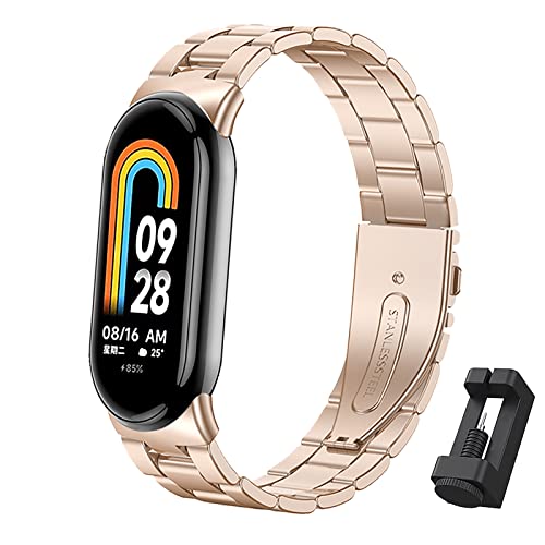 BDIG Correa Compatible para Xiaomi Mi Band 8, Pulsera de Repuesto de Acero Inoxidable Hebilla Ajustable Correa para Mi Smart Band 8 Oro rosa (Reloj No Incluido)