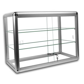 Only Hangers - Elegante Expositor de Mesa de Aluminio anodizado Plateado con Tapa de Cristal Templado. Puertas correderas de Cristal Templado con Cerradura para Llave.