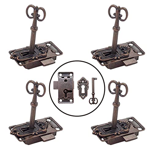 4 Piezas Cerradura y Llave Antiguas Cerradura de Puerta de Armario Antigua DiseñO Vintage Cerradura Puerta Armario para Buzones, Taquillas, Armarios, Cajas de Herramientas (Bronce Rojo)