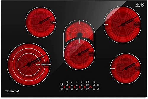 Placa vitrocerámica AMZCHEF Placa vitrocerámica 5 zonas con triple y zona tostadora, 9 niveles de potencia, control táctil, 7295W, función temporizador, apagado automático, Cerradura de seguridad