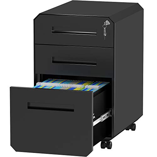 YITAHOME Armario Archivador con 3 Cajones, Cajonera de Oficina Móvil con Ruedas, Metalico Mueble Oficina Archivador con Cerradura y Llave para Carta/A4, Negro, 51 x 40 x 64cm