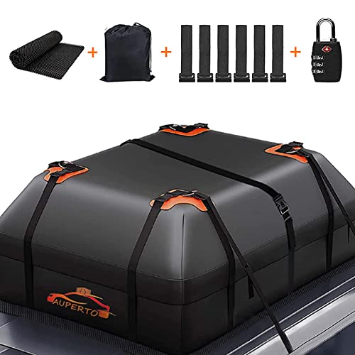 Bolsa de techo de coche, PVC de 15 pies cúbicos, caja de equipaje con alfombrilla antideslizante + cerradura + 6 ganchos para puerta, apto para todos los vehículos con o sin portaequipajes