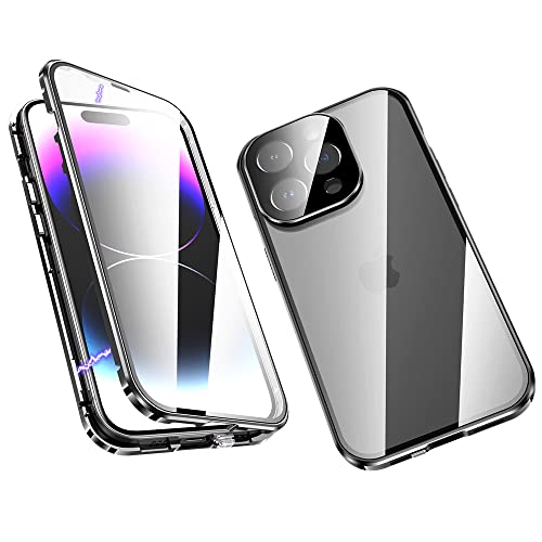 ksscaly Funda para iPhone 14 Pro MAX, 360 Grados Proteccion Case con Cerradura de Seguridad Adsorción Magnética Metal Bumper Cubierta Frontal y Posterior Vidrio Templado Cover para 14 Pro MAX (Negro)