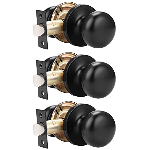 GOBEKOR Pack de 3 pomos para puerta de paso sin llave, color negro mate, con cerradura redonda para pasillo de acero inoxidable