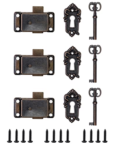 QWORK 3 Piezas conjunto de cerradura antiguo, cerraduras retro con llaves, para joyeros, armarios, cajones