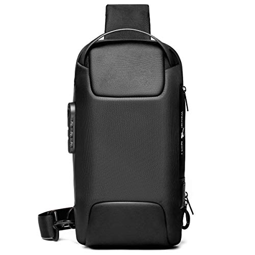 SDINAZ Sling Bag, Bolsa de Pecho con Cerradura antirrobo Puerto de Carga USB, Vacaciones de Viaje para Acampa Mochila, Fekete