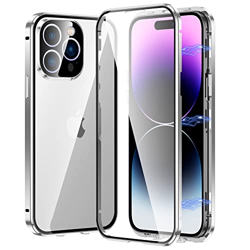 Funda magnética transparente para iPhone 14 Pro Max Funda de vidrio con protector de lente de cámara Cubierta integrada sensible al tacto Protector de pantalla antiarañazos Bloqueo de seguridad Caja