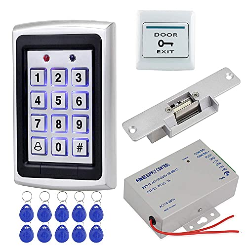 HFeng Sistema Control Acceso Kit Set Teclado RFID Metal + DC12V 3A Controlador Fuente Alimentación + NC Cerraduras electrónicas + Botón Salida Puerta + 10pcs Tarjeta llaveros Keyfobs