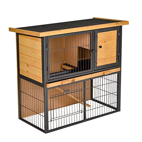 PawHut Conejera de Exterior de Madera Jaula para Mascotas Pequeñas 2 Niveles con Rampa Bandeja Extraíble Puertas con Cerraduras 89,5x45x81 cm Madera y Gris