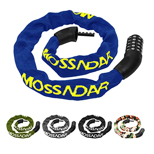 MOSSNDAR Candado Bicicleta, [8mm 100cm 940g] Candado Bicicleta Antirrobo con 5 Dígitos Combinación y Cubierta de tela de punto, Alta Seguridad Candado de Cadena para Bicicleta Moto Montaña (Azul)