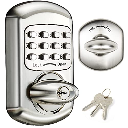Elemake - Cerradura de puerta de entrada sin llave con teclado de aleación de zinc mecánica (código de paso + llave, mayor seguridad)