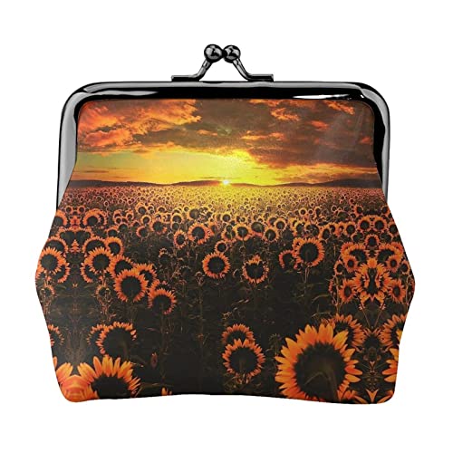 Campo de Girasol Puesta de Sol Mar de Flores Estampado Monedero pequeño Beso-Lock Bolsa de Cuero Cambiar Monedero Regalos para Hombres Mujeres