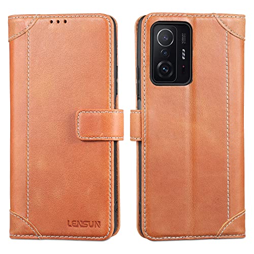 LENSUN Funda Xiaomi 11T / Mi 11T Pro 5G, Carcasa Libro de Cuero Genuino con ​Tapa Cierre Magnetico y Ranuras para Tarjetas Cartera Protección para Xiaomi 11T/Mi 11T Pro 5G - Marrón(M11T-XG-BN)