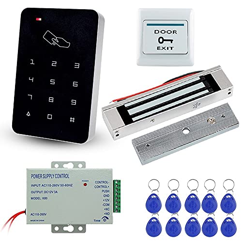 LIBO Kit de Sistema de Control de Acceso de Puerta con 180kg/350lbs Cerradura Magnética Eléctrica, DC12V Fuente de Alimentación, Botón de liberación, 10pcs llaveros