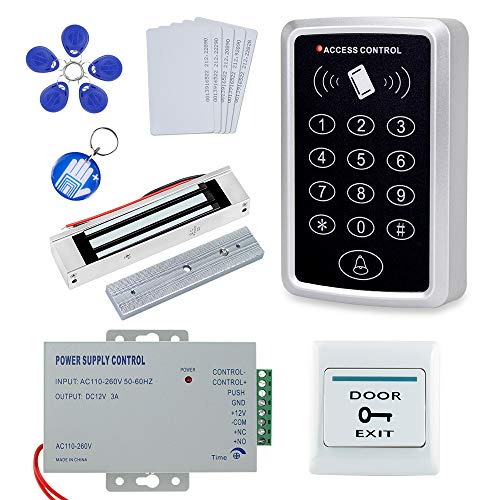 OBO HANDS Kit Completo Completo para Sistema de Control de Acceso a la puerta Lector de Tarjeta T11 + Cerradura Magnética 180KG + Fuente de Alimentación + Botón de Salida + Tarjetas de Identificación