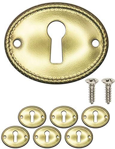 FUXXER® - 6 placas para llaves antiguas, rosetas de cerradura, herrajes para cerraduras, agujero para llave, diseño vintage de latón, juego de 6 con tornillos, 37 mm x 29 mm, latón, color dorado.