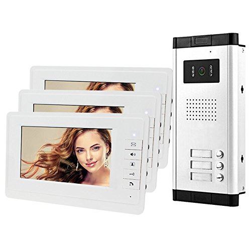 HFeng 7 '' Intercom videoportero Sistema de sistema 700TVL Visión nocturna Cámara exterior Timbre para 3 apartamentos, 1 cámara + 3 monitores