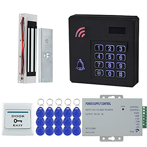 KUMU IP68 Impermeable al Aire Libre RFID Wiegand26 Teclado de Control de Acceso Independiente + Fuente de Alimentación DC12V + Botón de Salida de Puerta + 15piezas EM4100 Llavero (180KG Lock Kit)
