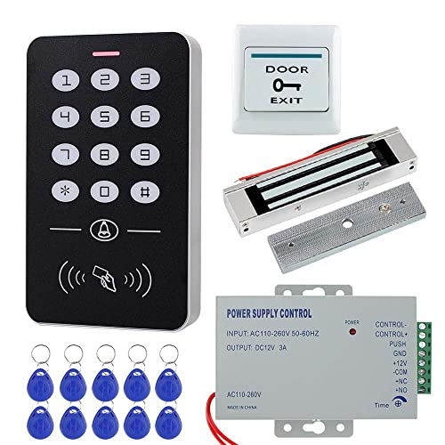 HFeng Sistema Control Acceso barato Kit Set Control Teclado Control Acceso RFID + 180KG / 350lbs Cerradura Magnética Eléctrica + 10pcs Llaveros RFID Tarjetas para Sistema Entrada de puerta