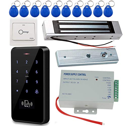 JASAG Kit Completo de Control de Acceso, Teclado RFID Totalmente Impermeable de 125 KHz + Cerradura de Puerta magnética de 180 KG + Fuente de alimentación DC12V + Tarjetas de Llave, Exterior