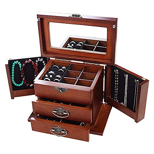 WOZUIMEI Joyero de Madera Maciza, Puerta Lateral Doble con Espejo, Caja de Almacenamiento con Cerradura Retro, 2 Cajones Extraíbles, Organizador de Joyas de Viaje, Regalo