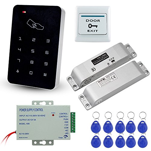 LIBO Kit de Conjunto Completo de Teclado de Control de Acceso RFID 125KHz con DC12V Cerradura Eléctrica Cerradura de Perno Electrónico, 3A Fuente de Alimentación, Botón de Salida